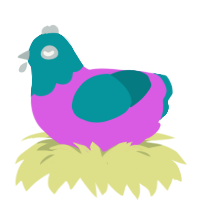 Irksome, a orchid and teal chicken with a head pattern