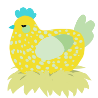 A yellow and gluppy chicken with a speckle pattern