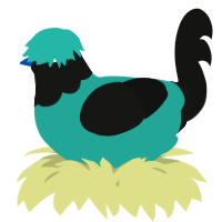 A turquoise and black chicken with a head pattern