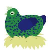 A viridian and navy chicken with a speckle pattern