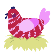 A crimson and lavender chicken with a bar pattern