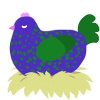 Planet the 2nd, a indigo and leaf chicken with a speckle pattern