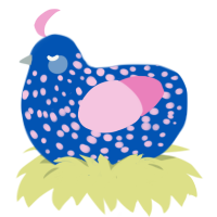 Bonito, a ultramarine and pink chicken with a speckle pattern
