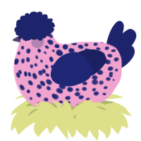 A pink and navy chicken with a speckle pattern