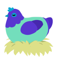 Raspberry, a mint and indigo chicken with a head pattern