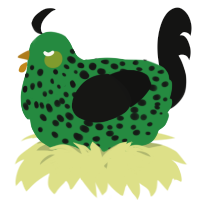 A viridian and black chicken with a speckle pattern