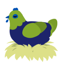 A navy and chartreuse chicken with a head pattern