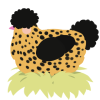 A honey and black chicken with a speckle pattern