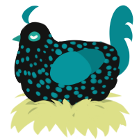 A black and teal chicken with a speckle pattern