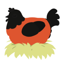 A vermilion and black chicken with a head pattern