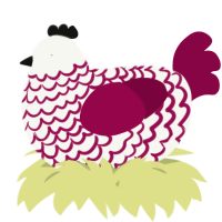 A white and maroon chicken with a lace pattern