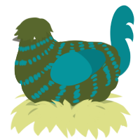 A olive and teal chicken with a bar pattern