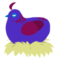 A indigo and wine chicken with a neck-speckle pattern