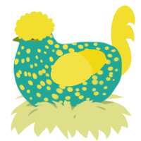 A turquoise and yellow chicken with a speckle pattern