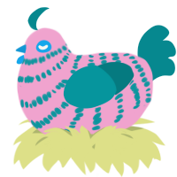 A pink and teal chicken with a bar pattern