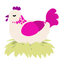 A cream and fuchsia chicken with a neck-speckle pattern