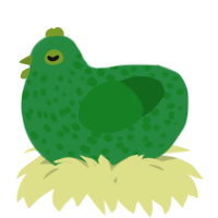 A viridian and leaf chicken with a speckle pattern