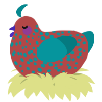 A red and teal chicken with a speckle pattern