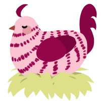 A rose and maroon chicken with a bar pattern