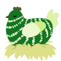 Melon, a leaf and apple chicken with a bar pattern