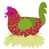 Watermelon Sugar, a crimson and chartreuse chicken with a speckle pattern