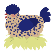 A beige and navy chicken with a speckle pattern
