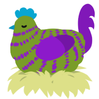 A chartreuse and violet chicken with a bar pattern