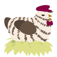 A cream and bark chicken with a bar pattern