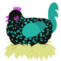 A black and turquoise chicken with a speckle pattern