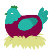 A maroon and turquoise chicken with a head pattern