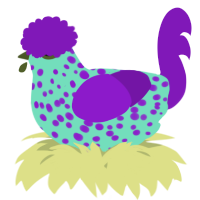 A mint and violet chicken with a speckle pattern