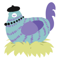 A aqua and indigo chicken with a bar pattern