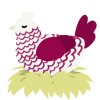 A white and maroon chicken with a lace pattern