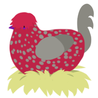 cool hair guy, a crimson and ash chicken with a speckle pattern