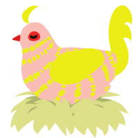 A rose and yellow chicken with a bar pattern