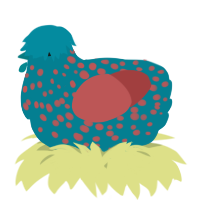 A sea and red chicken with a speckle pattern