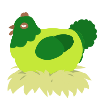A lime and leaf chicken with a head pattern