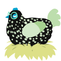 A black and gluppy chicken with a speckle pattern