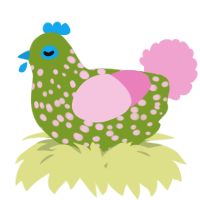 A chartreuse and pink chicken with a speckle pattern
