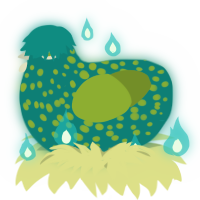 A sea and chartreuse chicken with a speckle pattern