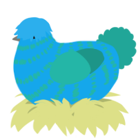 A sky and turquoise chicken with a bar pattern