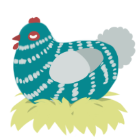 A teal and silver chicken with a bar pattern