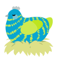 A cerulean and lime chicken with a bar pattern