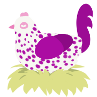A white and plum chicken with a speckle pattern