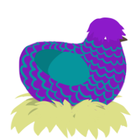 A violet and teal chicken with a lace pattern