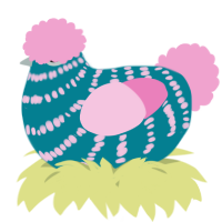 A sea and pink chicken with a bar pattern