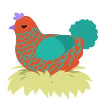 A vermilion and turquoise chicken with a lace pattern