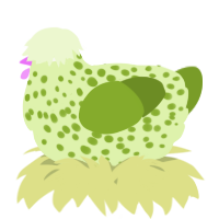A apple and chartreuse chicken with a speckle pattern