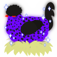 A blurple and sable chicken with a speckle pattern