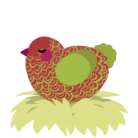 A crimson and chartreuse chicken with a double-lace pattern